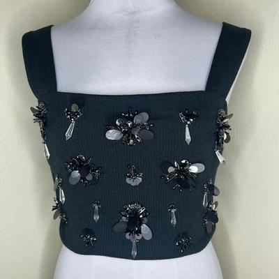 J.Crew Vintage Rib Embellished Crop Top Medium Sequin Beaded Square Neck Black - Image 1 of 4