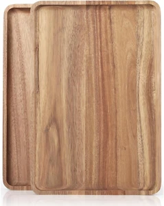 2 PCS Solid Acacia Wood Serving Trays 16 * 12 Inch Rectangular Wooden Serving Pl - Picture 1 of 7