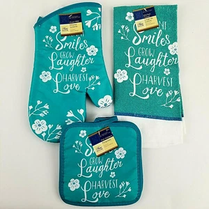 Home Collection "Smiles Laughter Love" 3pc Set Oven Mitt Kitch Towel Pot Holder - Picture 1 of 7