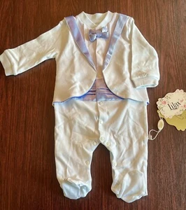 NWT Baby Boy Infant Tuxedo Suit 3 Months 100% Cotton Blue And White Formal Wear - Picture 1 of 9