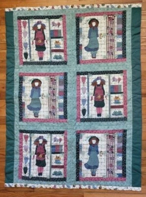 Edredón de cuna colgante de pared de colección 49x36 niñas flores años 90 hecho a mano atado verde calicó Foto 1 de 4