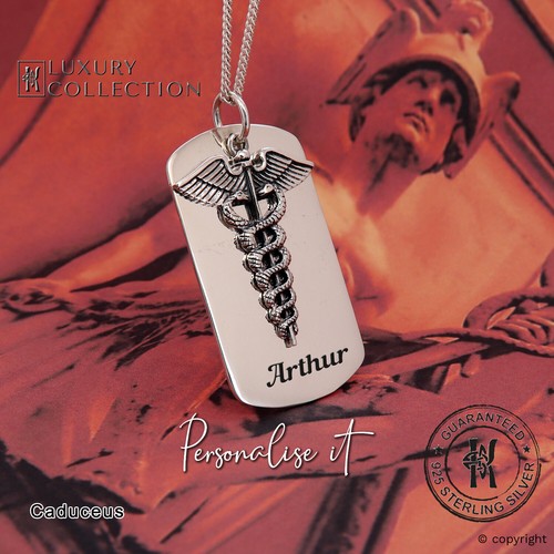 HERMÈS Collana caduceo etichetta cane allerta medica personalizzata ✔️Hermes ✔️solida ✔️qualità