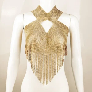 Mujeres Borla Cristal Estrás Tanque Prendas para el torso Cortas Chaleco Hueco Cami Sin Espalda - Imagen 1 de 18