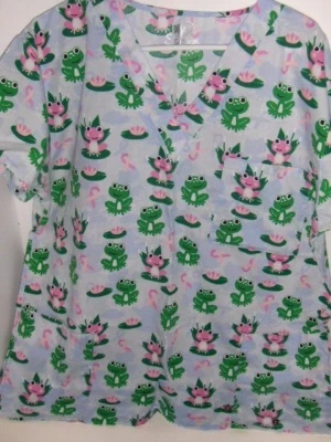 I Love Scrubs -  frogs and pink ribbons scrub top - Large - Image 1 of 3