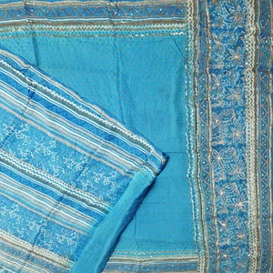 Vintage Blue Saree 100% Pure Crepe Silk Sequins Hand Embroidered Sari 6YD Fabric - Picture 1 of 6