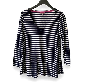 Joules Jersey Top UK 10 Breton Stripe Blue White V-Neck Long Sleeve A-Line - Picture 1 of 12
