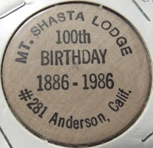 Masonic Lodge Anderson 1986, California 100 aniversario. Níquel de madera - ficha de California - Imagen 1 de 2