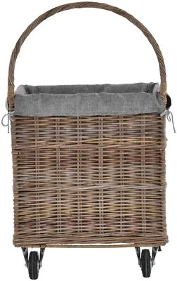 Holzwagen Kaminholzwagen Rattan mit Stoffinlett Holzkorb mit Rollen Grau Natur - Bild 1 von 4