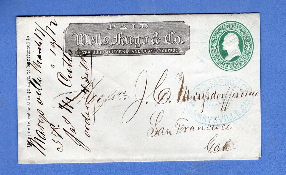 EE. UU., 1872, WELLS FARGO MARYSVILLE A SAN FRANCISCO, PAPELERÍA POSTAL, EN MUY BUEN ESTADO Foto 1 de 1
