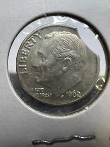 1962-D Silver Roosevelt Dime - Nice Clip Error - Almost Uncirculated - Picture 1 of 10