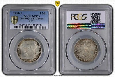 PCGS MS63 1939-J 5 Mk Reichsmark Hindenburg J-367 Tercer Reich Plata Alemania Segunda Guerra Mundial Foto 1 de 3