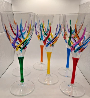 CC ZECCHIN MURANO Wine Glass, Rainbow Swirl Pattern 8-1/8” Tall, Set of 6 - Image 1 of 4