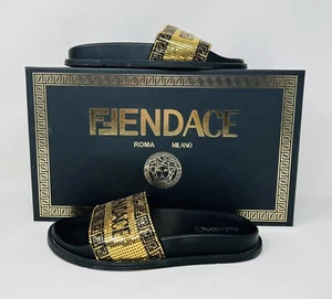 Sandalias para mujer FENDI X VERSACE de goma de malla metálica con logotipo deslizable 38 negras FENDACE - Imagen 1 de 9