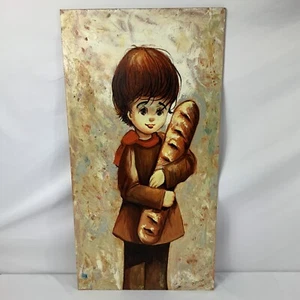 VTG Kitschy French Child Holding Bread Acrylic Painting 30.5” by 16” Signed - Picture 1 of 6