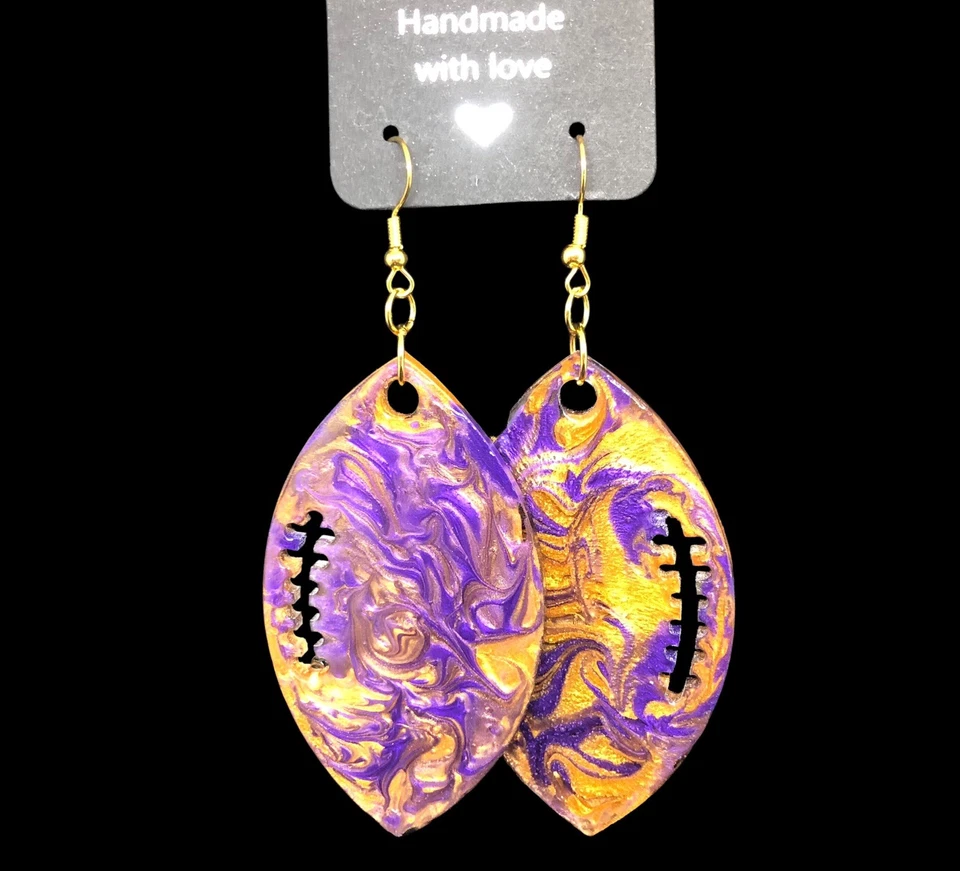 Handmade LSU Purple & Gold Football Dangle Earrings Tiger Game Day Jewelry NEW - Image 1 of 2