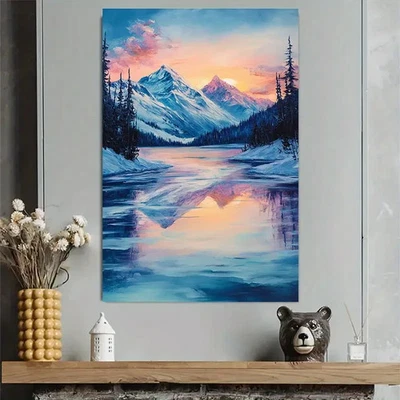 Winter Snowy Lake Sunset Scene Art Metal Print Ready to Hang - Image 1 of 4