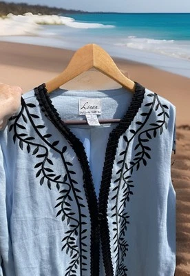 Linea by Louis Dell'Olio Embroidered Blue Linen Jacket Lined Pretty Ladies Sz 1X - Image 1 of 4