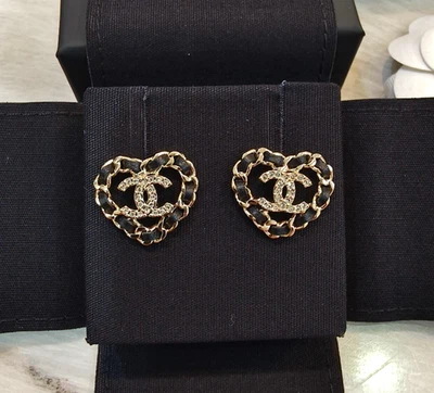 CHANEL genuine 25B CC heart stud gold tone chain leather earrings in box - Image 1 of 4