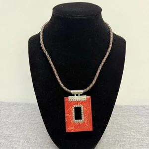 "Collar de cuero Art Deco de 18"" de plata de ley 925 con colgante de coral rojo" - Imagen 1 de 5