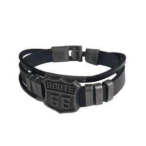 Route 66 Leather Bracelet Black Mens Jewelry Vintage Style Clasp Latch Biker - Picture 1 of 7
