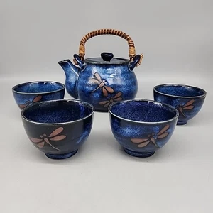 Vintage Tevana Porcelain Tea Pot Lid & 4 Tea Cups Blue Dragonfly Japan - Picture 1 of 10