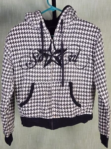 Black White Houndstooth Sherpa Lined Zip Hoodie Womens Medium SoCal A9 - Picture 1 of 4