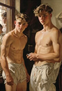 Handsome Young men nude bare chested in a vintage bathroom - gay romance 2178 - Picture 1 of 3