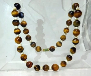 Carved Tigers Eye Gemstone Necklace Vintage Cultured Pearl - Picture 1 of 6