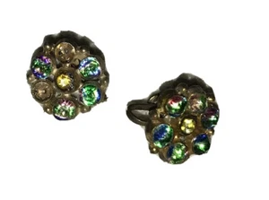 EUC Rare Antique Deco Vintage Flower Screwback Earrings Tri Emerald Paste Repair - Picture 1 of 9