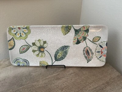 Crate & Barrel Alfresco Melamine Rectangular Serving Tray Botanical Floral Green - Image 1 of 4