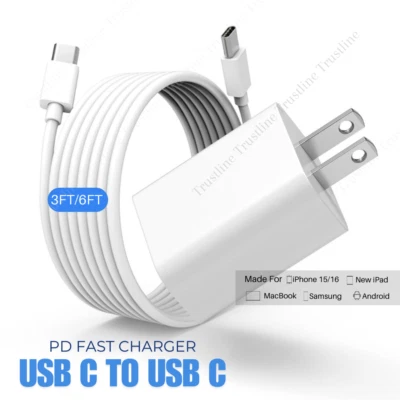 PD Type C Fast Charger Block Dual USB C Cable For iPhone 16 15 Pro iPad Samsung - Image 1 of 4