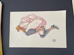 Egon Schiele Signed Erotic Art Painting of Woman on Paper 13" x 8.5"