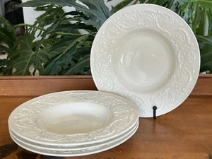 Wedgwood Patrician Rimmed Flat Soup Bowls Ivory Embossed Floral Pattern Set of 4 - Picture 1 of 4