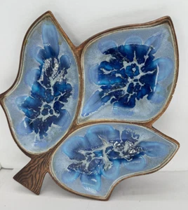 Treasure Craft 377 Hawaii Three Leaf Nut Candy Dish MCM Blue crystalline glaze - Picture 1 of 10