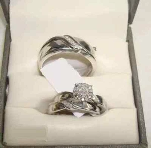14K White Gold Plated Lab Created Diamond His Her Bridal Band Trio Ring Set - Picture 1 of 4