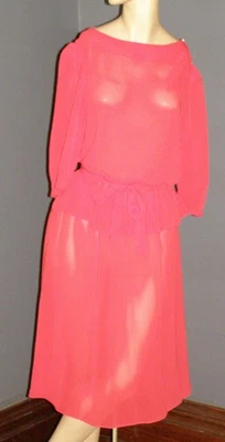 Vintage 80's red & white semi sheer PINSTRIPPED skirt set L XL tunic dress OOPS - Image 1 of 4