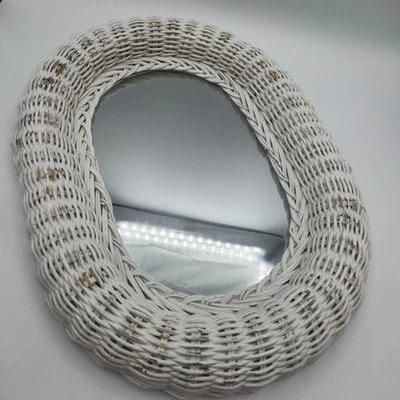 Vintage White Wicker Oval Wall Mirror Coastal Farmhouse Boho Cottage Decor - Image 1 of 4