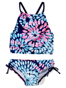 UPF 50 Girls' 2-Piece Halter Tankini Beach Swimsuit Sport Daisy Design - Picture 1 of 4