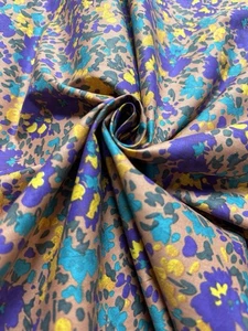 Tan With Blue & Purple Floral Printed 100% Cotton Poplin Fabric - Picture 1 of 2