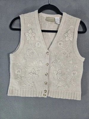 Chaleco Suéter Liz Claiborne Petite Vintage Años 90 Floral Bordado Lana Shetland Foto 1 de 4