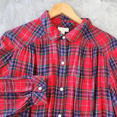 Рубашка на пуговицах женская J. Jill XL клетчатая красная синяя плиссированная с длинным рукавом мягкая - Изображение 1 из 4