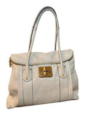 Bolso de mano grande de cuero B Makowsky Rockefeller cartera marfil púrpura solapa bloqueo giratorio Foto 1 de 4