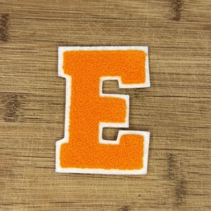 Varsity Letter E Chenille Patch – 4" x 3" Orange on White Sew-On Applique - Picture 1 of 1
