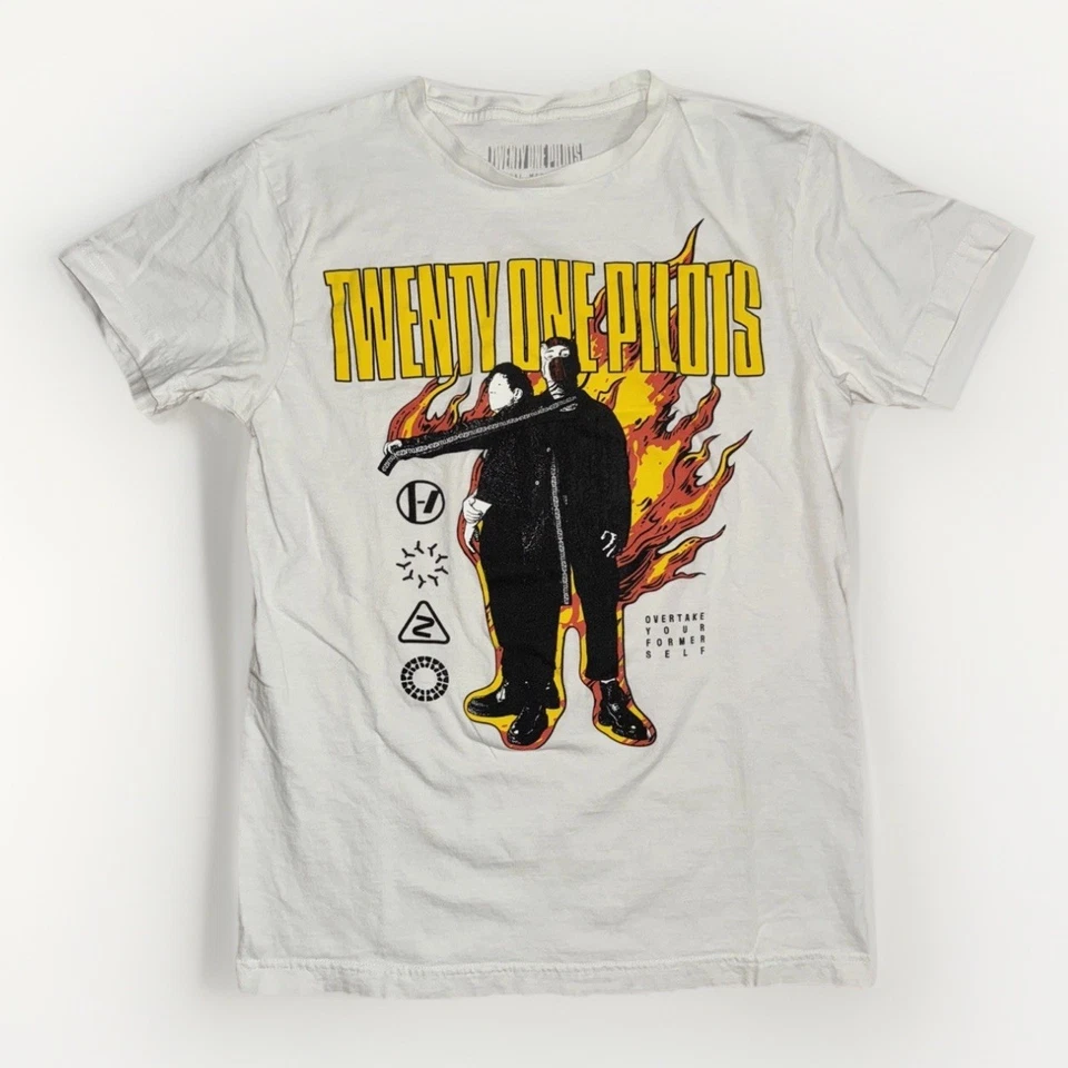 Camiseta Twenty One Pilots Banda Gráfica Blanca Pequeña 16x26 Estampado Fuego Alternativa Foto 1 de 3