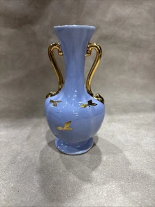 Le Pere Keramik Immergrün Blau Miniatur Krug Vase Gold Trefoil Design Vintage - Bild 1 von 2