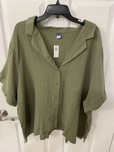 Old Navy Womens Plus Gauzy Cotton Olive Green Relaxed Button Up Shirt 3X NWT - Picture 1 of 5