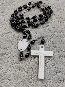 VTG OLRM Black Plastic Chain Rosary Catholic Prayer Beads Christian - Picture 1 of 8