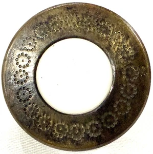 Pretty Antique Milk Glass Center Set In Metal Button w/ Engraved Flower Border - Picture 1 of 3