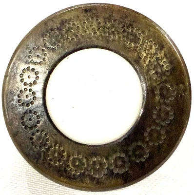 Pretty Antique Milk Glass Center Set In Metal Button w/ Engraved Flower Border - Image 1 of 3