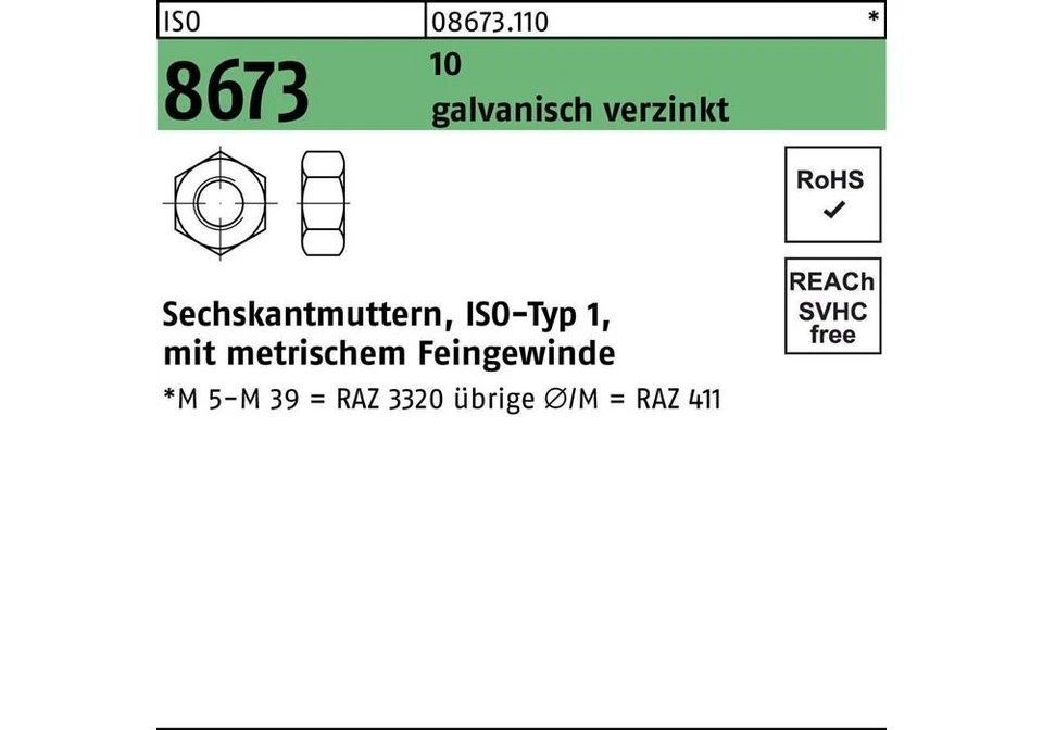 Reyher Sechskantmutter ISO 8673 M 20 x 1,5 10 galvanisch verzinkt - Bild 1 von 1
